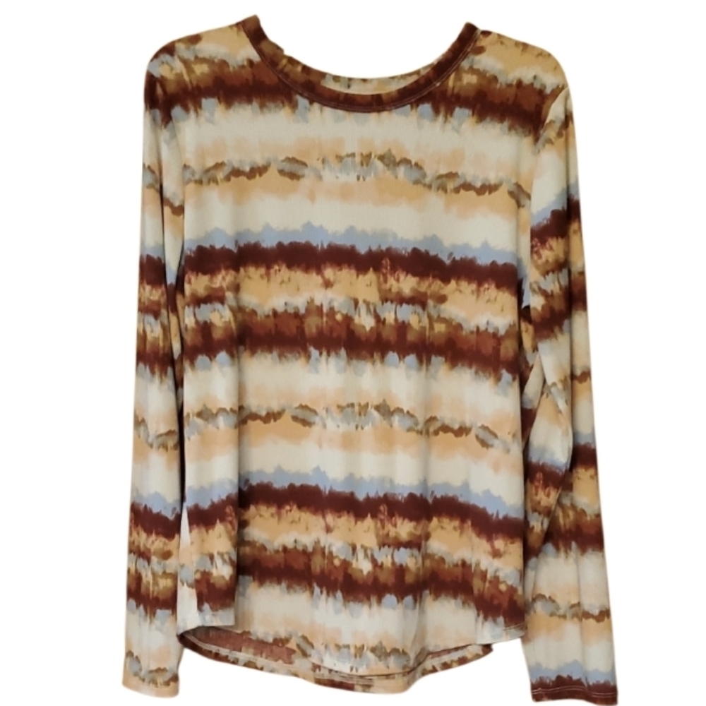 No Boundaries Tie-Dye Ribbed Long Sleeve Top - Brown, Cream, Blue Size 21